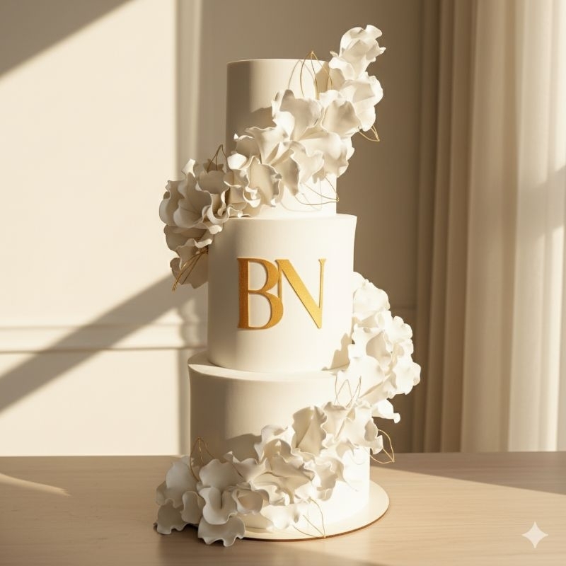 Bolo cenográfico casamento com pétalas em EVA 60cm x 30cm | monograma | bases maciças + bandeja MDF