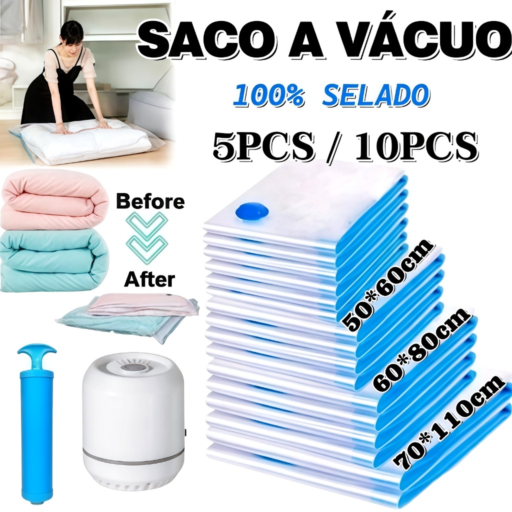 Imagem Kit Saco a Vacuo + Bomba Manual Organização de Roupas Mala Viagem Guarda Roupas
