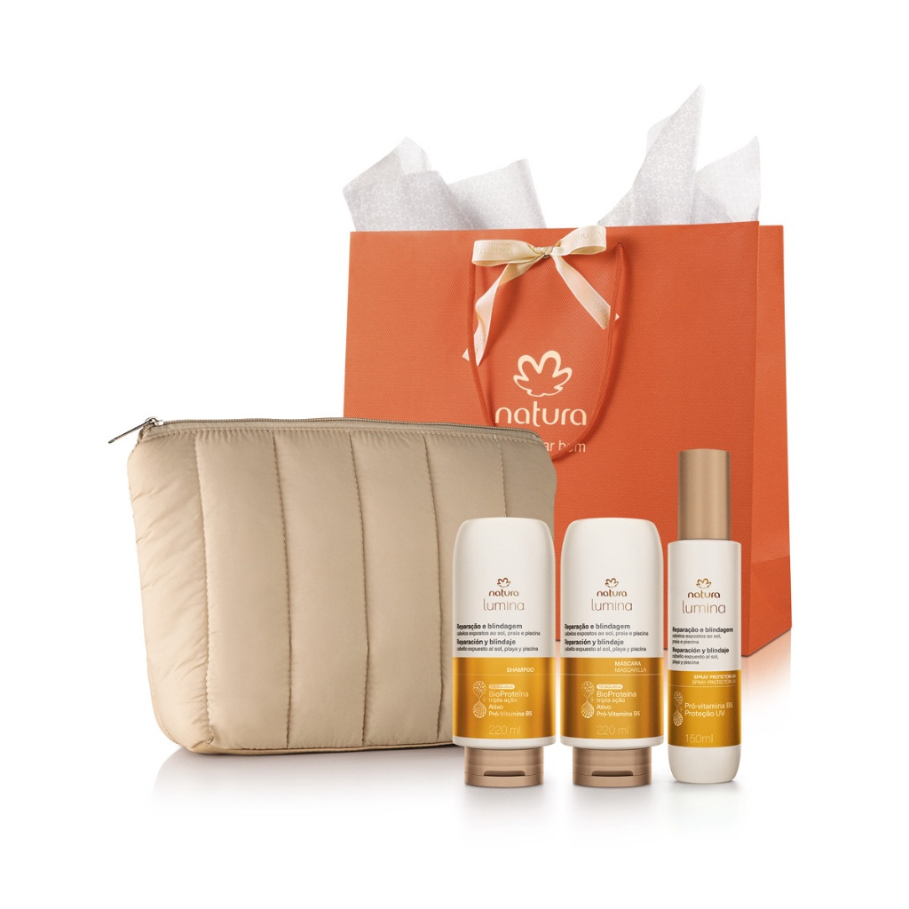 Natura Lumina Kit Tratamento Cabelo Completo Shampoo 220ml + Máscara 220ml + Spray UV 150ml + Nécessaire