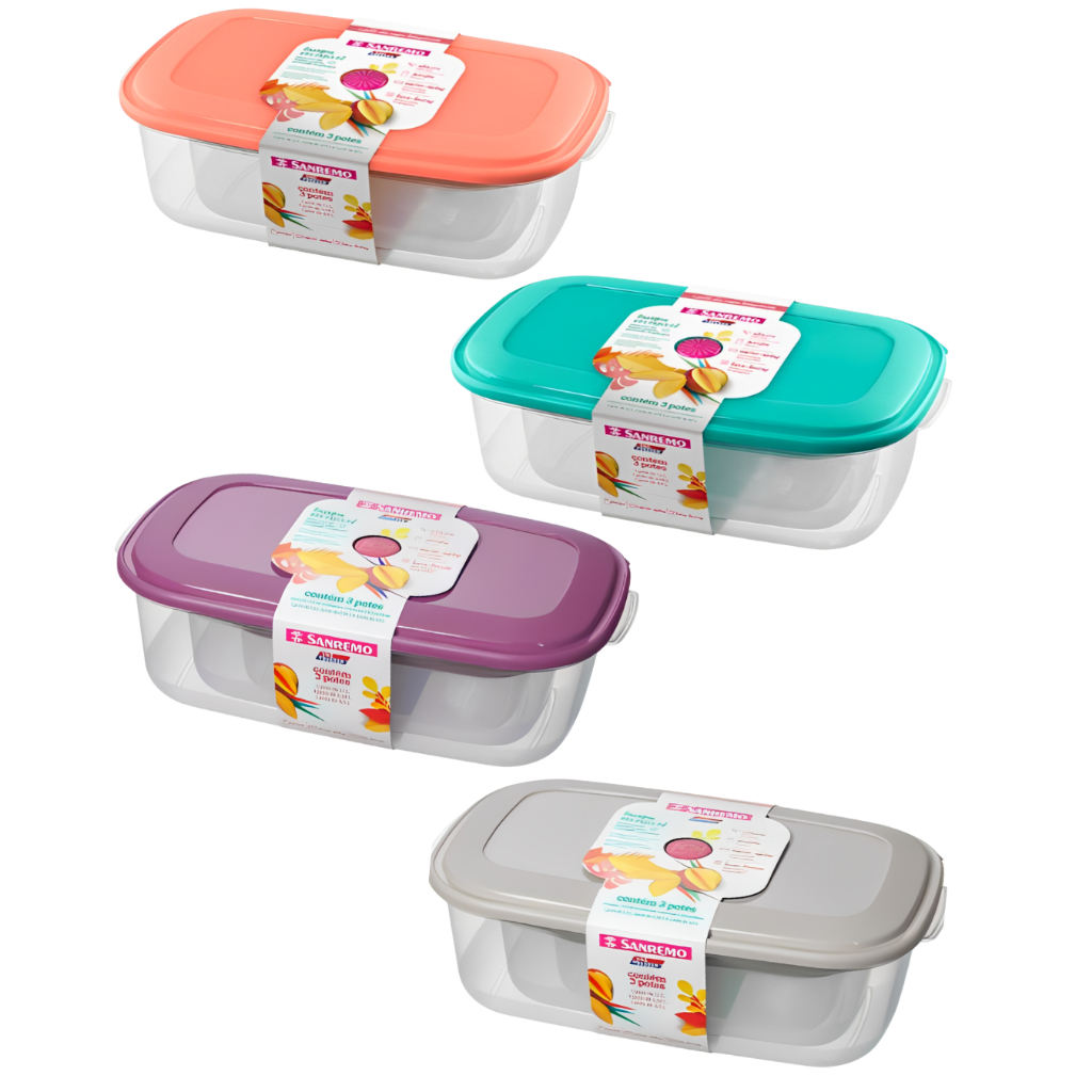 Conjunto 3 Potes Retangular Plástico 4,5 L 2,3L 1,1L Freezer Micro-ondas Lava Louça BPA Free