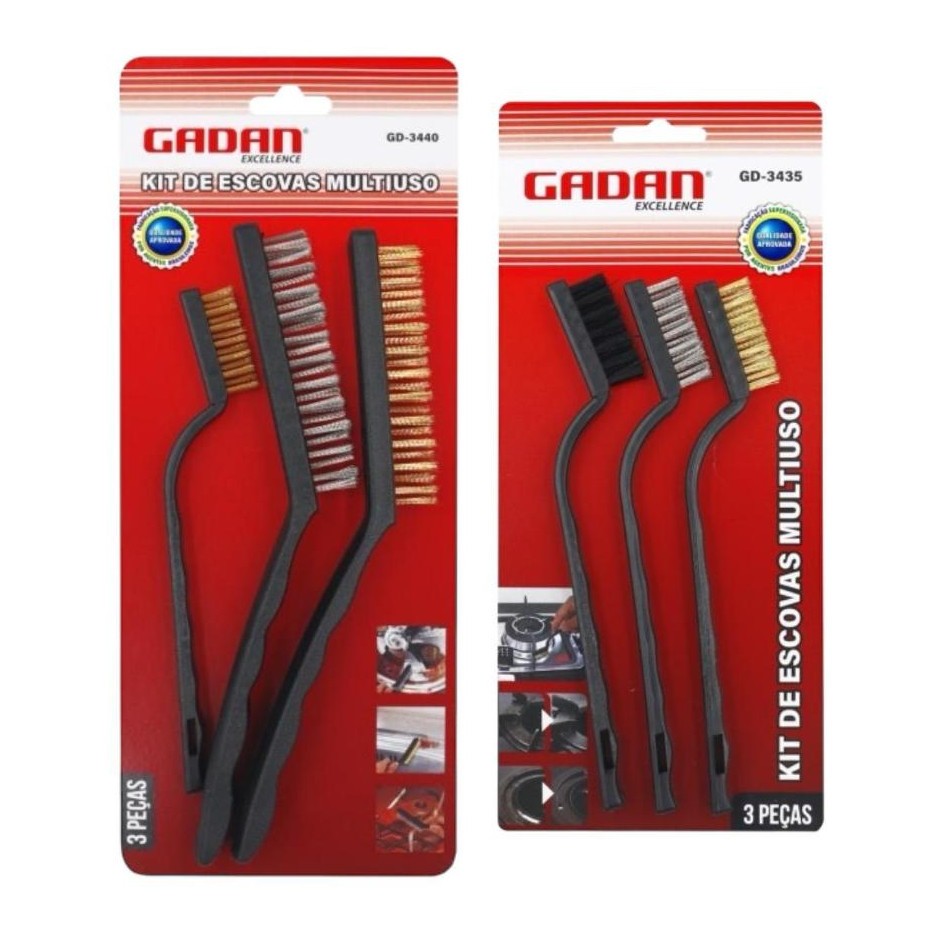 Escovas de Aço Multiuso Kit 3 Pcs Aço Latão Nylon Cabo Plástico.
