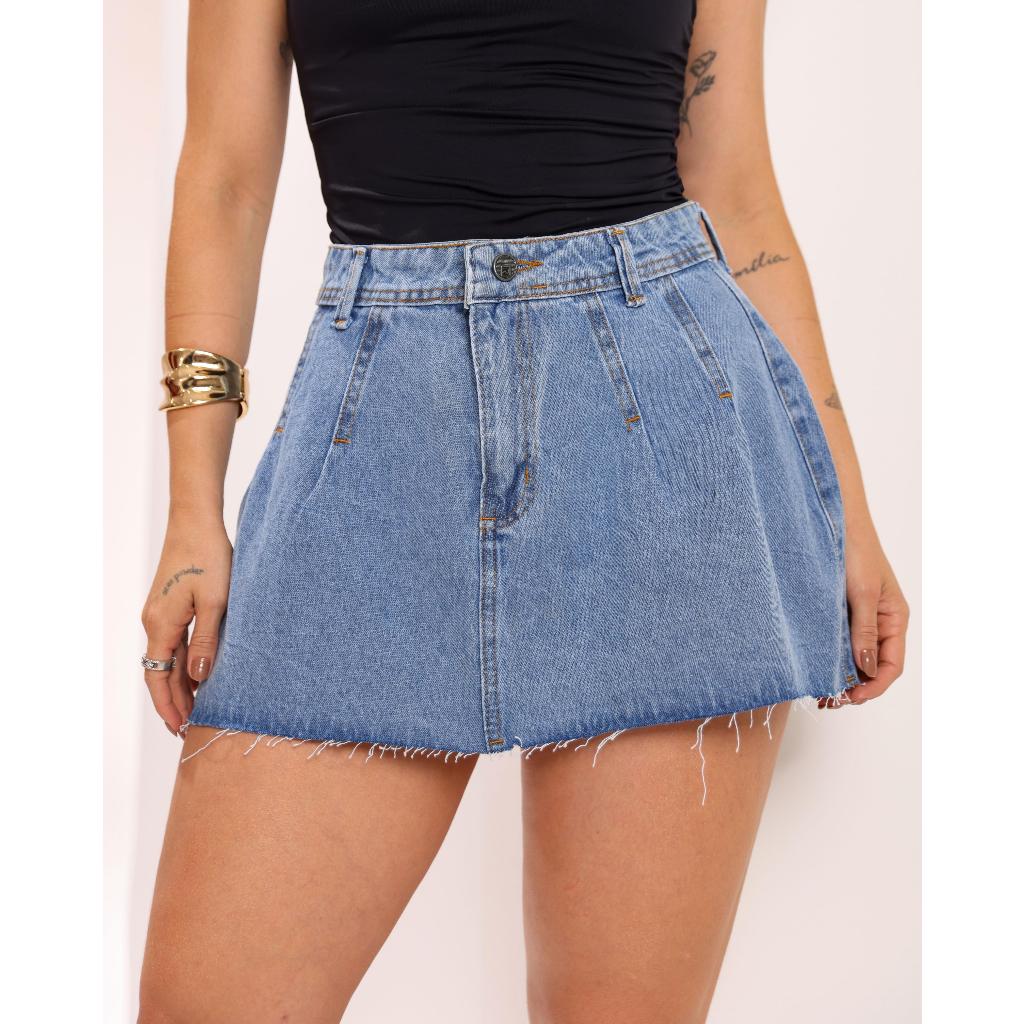 Mini Saia Jeans Plissada Sem Lycra Cintura Alta Detalhe De Barra Refilada, Revesst Jeans. em Oferta na Shopee