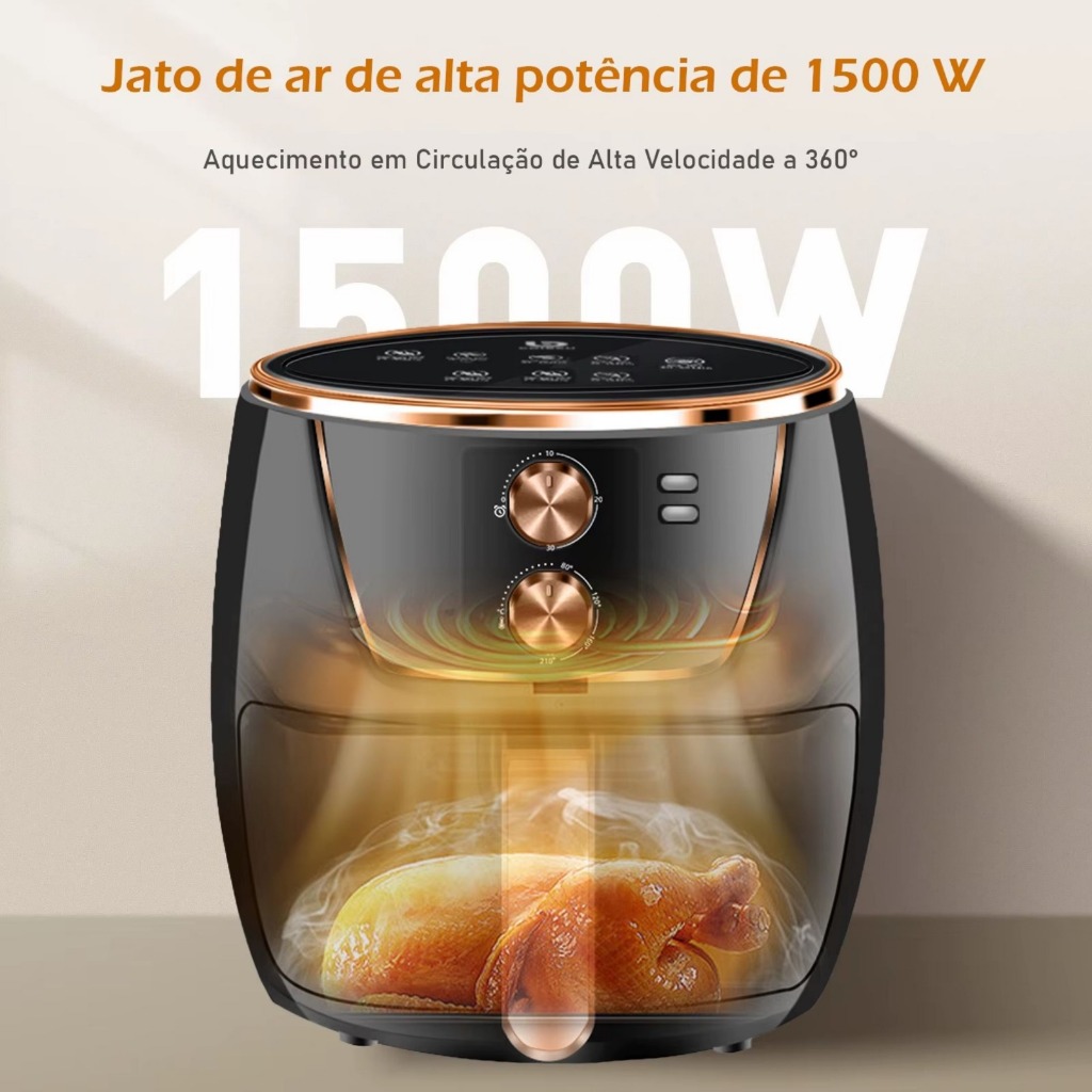 COIBEU Fritadeira Elétrica sem Óleo 6.5L Air Fryer Botão de Rodar ou Digital Touch 1500Watts Preto127V/220V