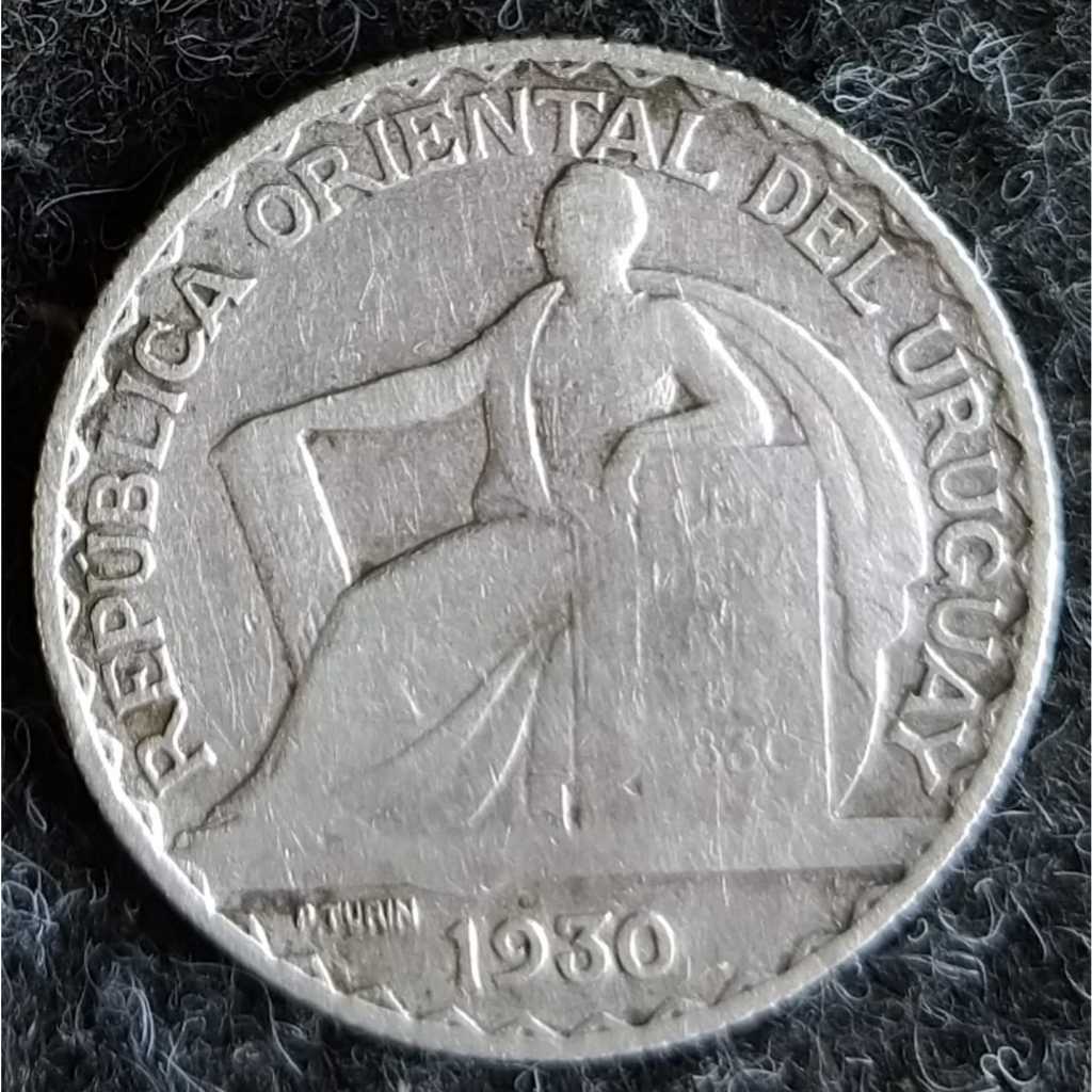JR-1693 Moeda Uruguai 20 Centésimos 1930 (Prata) 100º Aniv. Constituição Uruguai - Período Peso Uruguaio 1862-1974