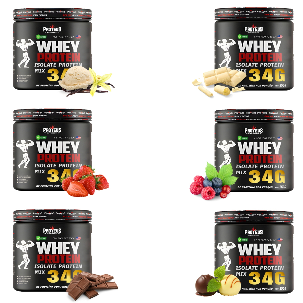 Kit Degustação 1,5 kg em 6 sabores - Whey Protein Isolado Concentrado Blend 34g de Proteina.
