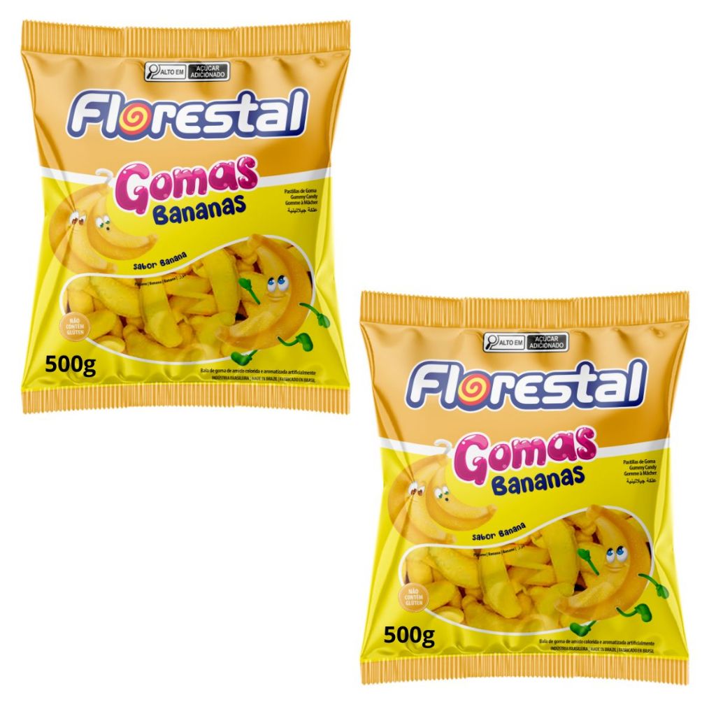 Kit 2 Pacotes Bala De Goma Bananas 500g Florestal | Jujuba - Total 1Kg