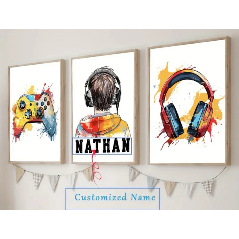 Kit 3 quadros decorativos modernos infantil personalizado com seu nome criança menino gamer controle fone coloridos