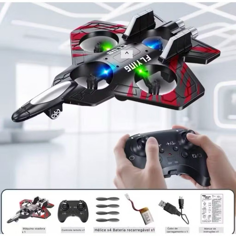 Drone Avião RC Camuflagem Azul com Controle Remoto – Brinquedo Voador 2 em 1, Luz LED, Recarga USB para Crianças