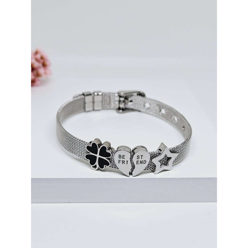 Pulseira Feminina Malha Tipo Relógio Esteira Aço Inoxidável Pingente Laço Coração Flor Inox Antialérgico