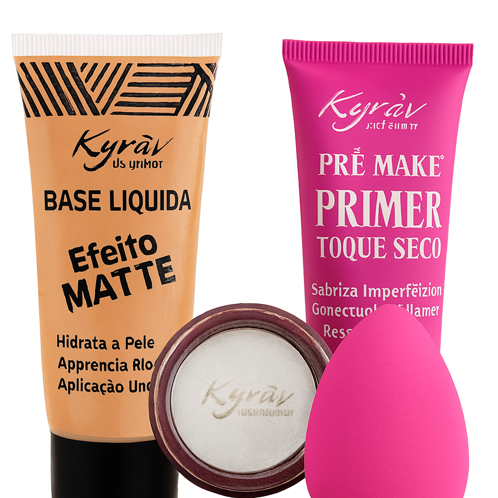 Kit de Maquiagem e Skincare com Base, Primer, Iluminador e Esponja