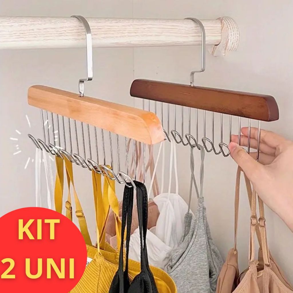 Kit 2 Cabide de Madeira Multi-uso Para Cintos Gravatas Cachecóis Sutiãs Colares Organizador em Geral em Oferta na Shopee