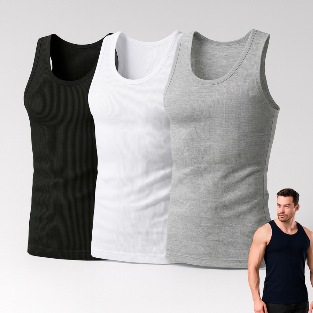 Kit C/3 Regata Premium Masculina Modelo Americano Canelada Algodão e Elastano Malha Encorpada Ultra Conforto