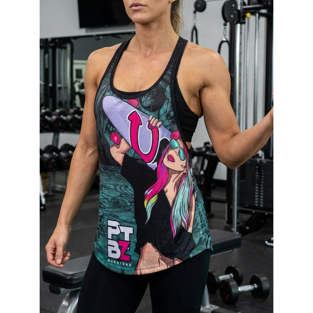 Regata Fitness Feminina Cavada Estampada Colorida DryFit LongLine Academia CrosFit Corrida