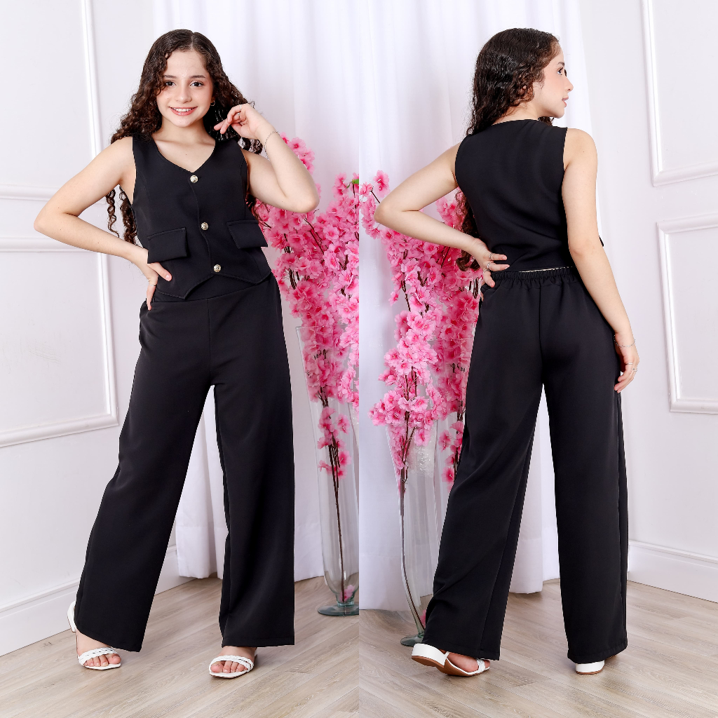 Conjunto Social Feminino Infantil Juvenil Alfaiataria Colete e Calça Pantalona Elegante Moda infantil Tamanho 10 ao 16