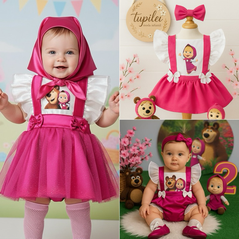 Romper Temático Jardineira  marcha  mesversario salopete masha macha marsha e o urso marxa em Oferta na Shopee