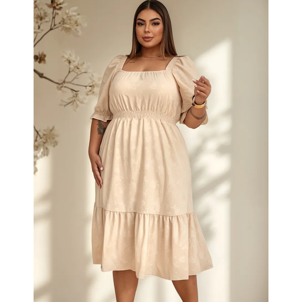 Vestido Plus Size com Manga Curta Bufante | Estampa Prensada e Modelagem que Valoriza