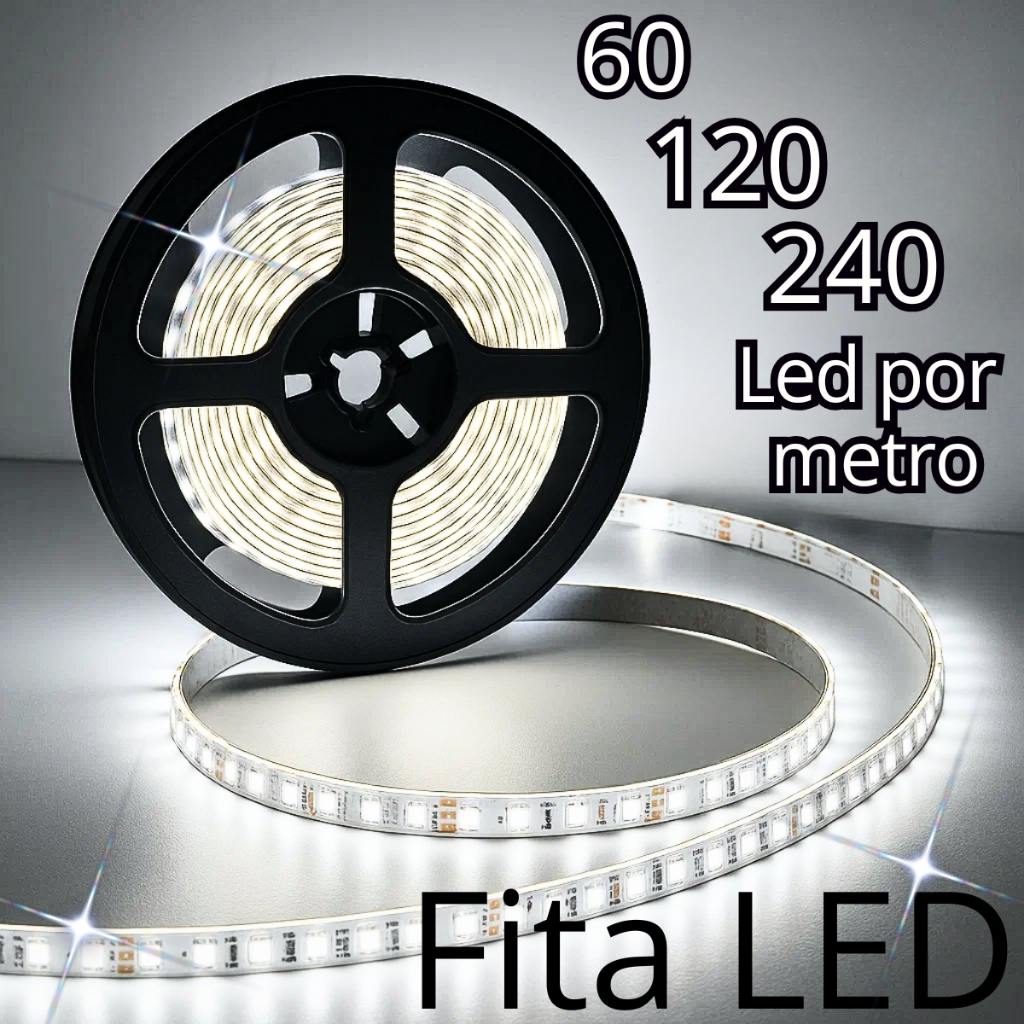 Fita 60 120 e 240 LED 3528 12V Branco Frio 6K IP20 5 Metros de Iluminação Decorativa  Econômica