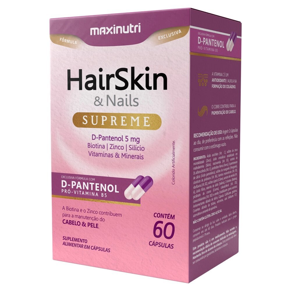 HairSkin Supreme Maxinutri 60 Cáps – D-Pantenol + Biotina | Fortalece Cabelos, Unhas e Pele