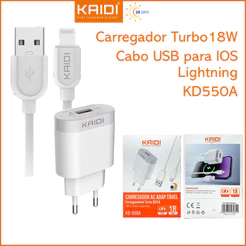 Carregador de Tomada Fonte com Cabo Lightning IOS iphone Turbo com 1 Saída de USB KAIDI KD-550A