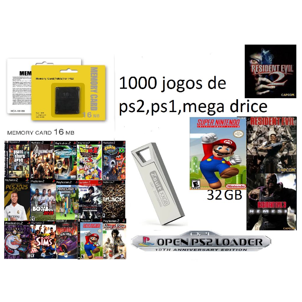 Memory Card com Opl + Pen Drive 32gb com 1000 Jogos playstation 2 Ps1 Super Nintendo