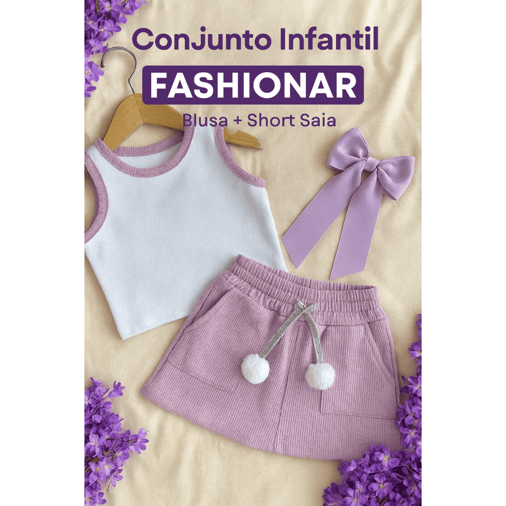 Conjunto Infantil e Juvenil Menina Blogueirinha – Cropped e Short Saia Canelado Moda Verão