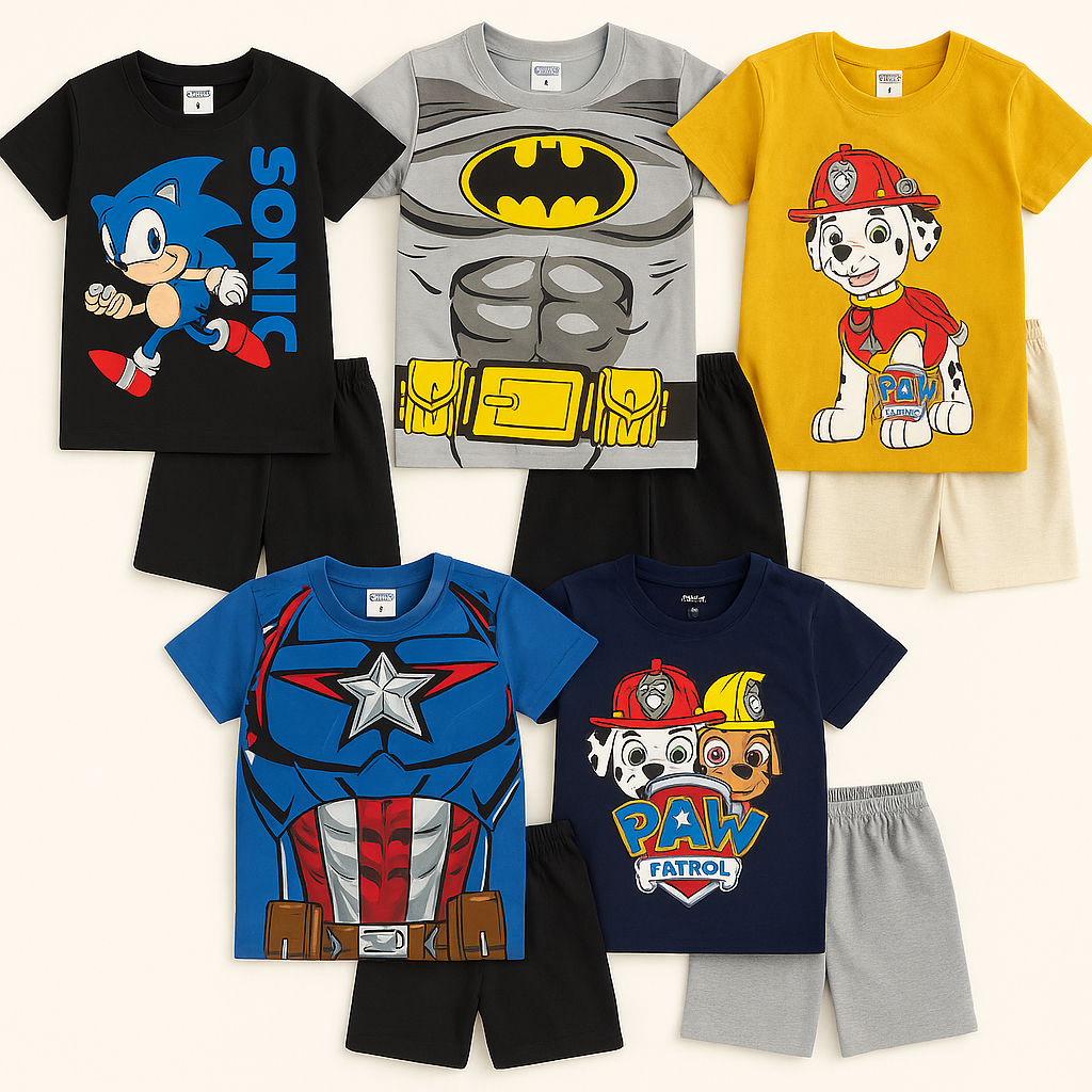 🧒✨ Kit 5 Conjuntos Infantil Masculino – Camiseta de Personagem + Shorts Básico Confortável (Tam. 1 ao 8)