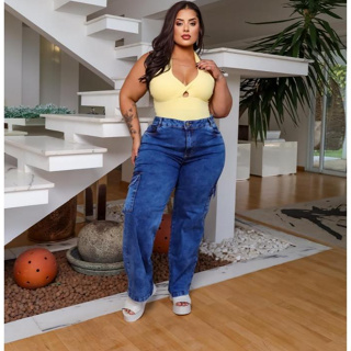 Calça Jeans Feminina Wide Cargo Premium  Plus Size Casual Tendençia Elegante Estilosa Moderna Festas em Oferta na Shopee