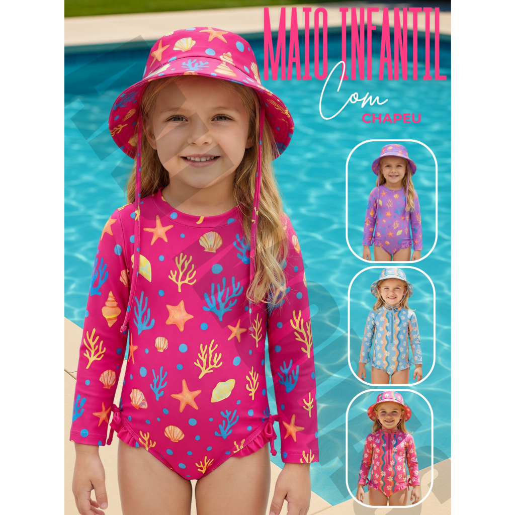 Maiô infantil Com Chapéu Manga Longa Menina Proteção Solar Uv 50 Maio em Oferta na Shopee