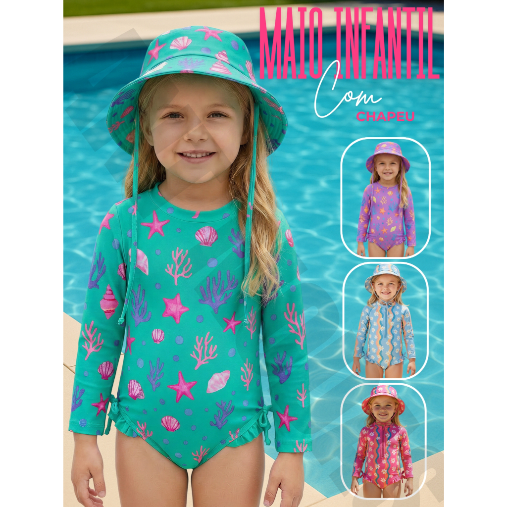 Maiô Manga Longa Infantil Menina Bebe Biquini Proteção Uv 50 Moda Praia Piscina Manga Comprida