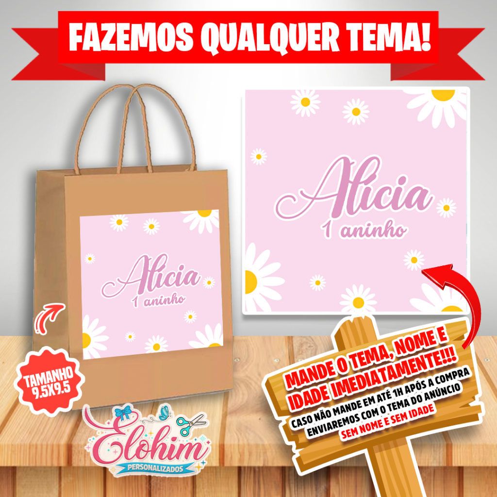 Rótulo Adesivo para personalizar sacolas Kraft / Craft - Margaridas