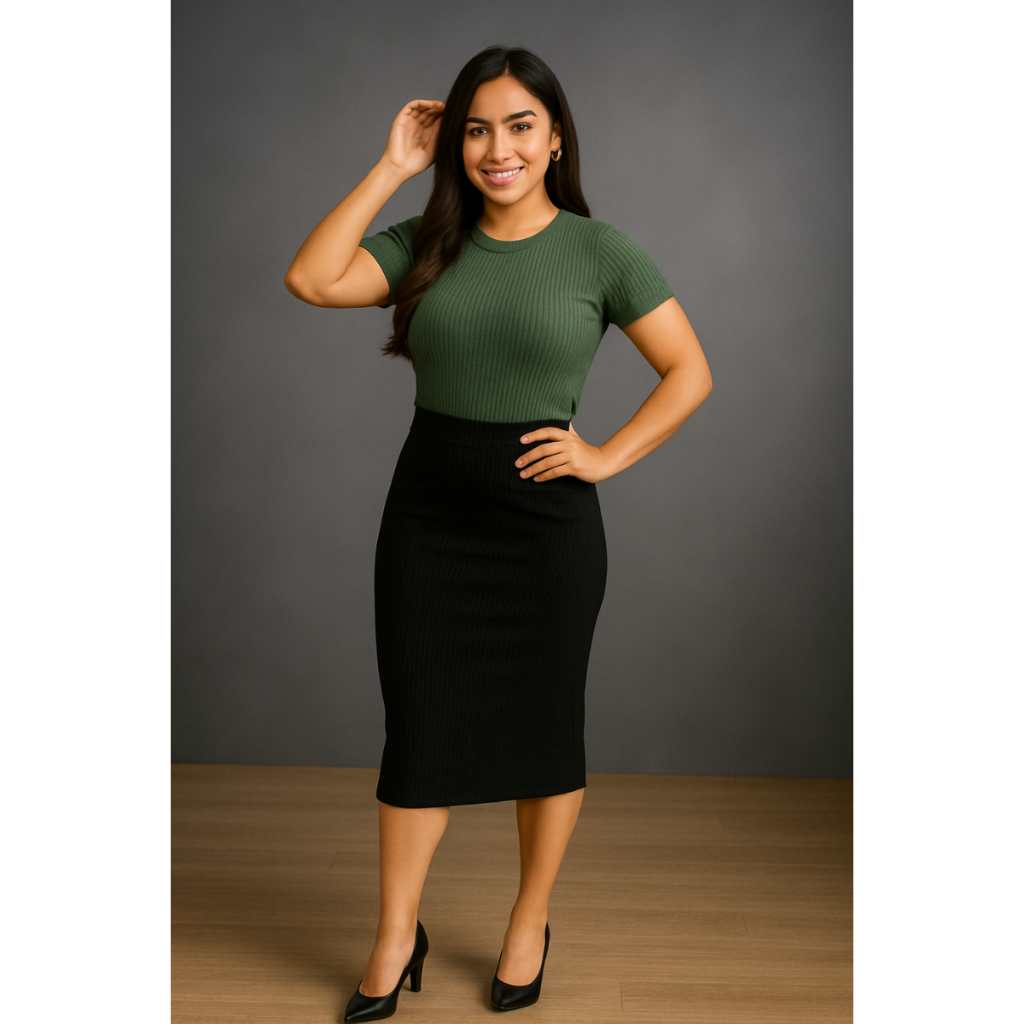 Saia Midi Canelada Feminina Para Escritório com Cós Alto e Alta Elasticidade Look Social Confortável Trabalho Acinturada