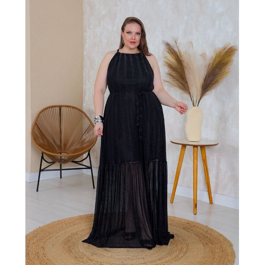 Vestido Longo Plus Size Feminino de Tule Forrado Com Brilho Sem Bojo Elegante Festa Luxo