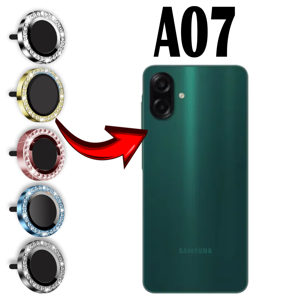 📱 A07 Strass Brilhante ✨ Prata, Dourado, Rosa, Azul e Preto 💎 Decoração de Câmera Luxo