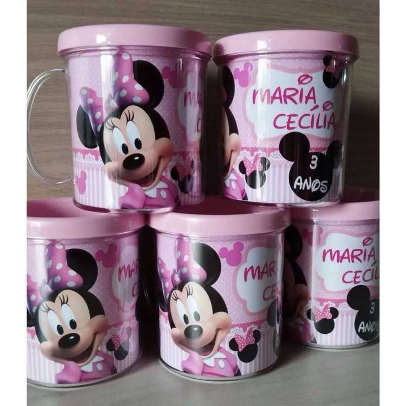10 canecas acrílica personalizada para festa infantil lembrancinha Minnie Rosa