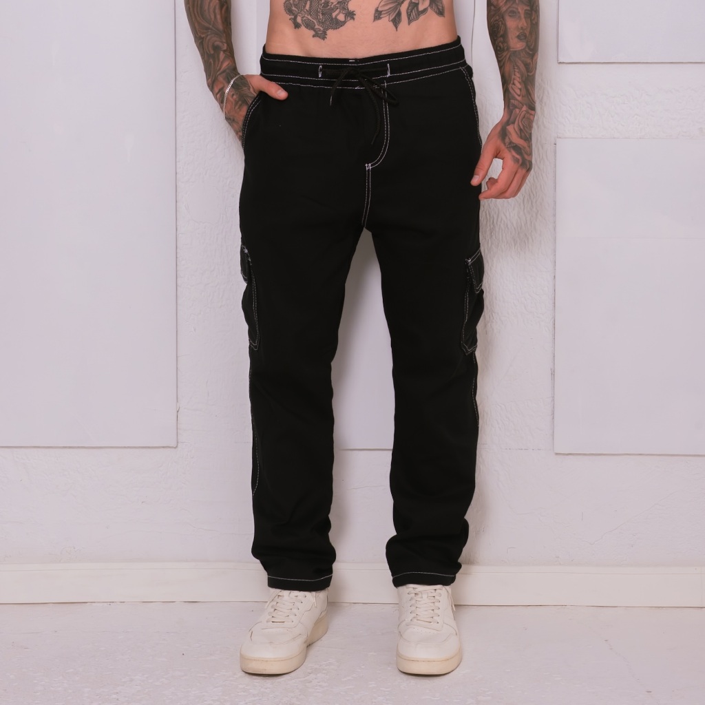 Calça Jeans Cargo com Cós Elástico Masculina e Feminina Confortável Estilo Trabalho Casual Moda Dia a Dia