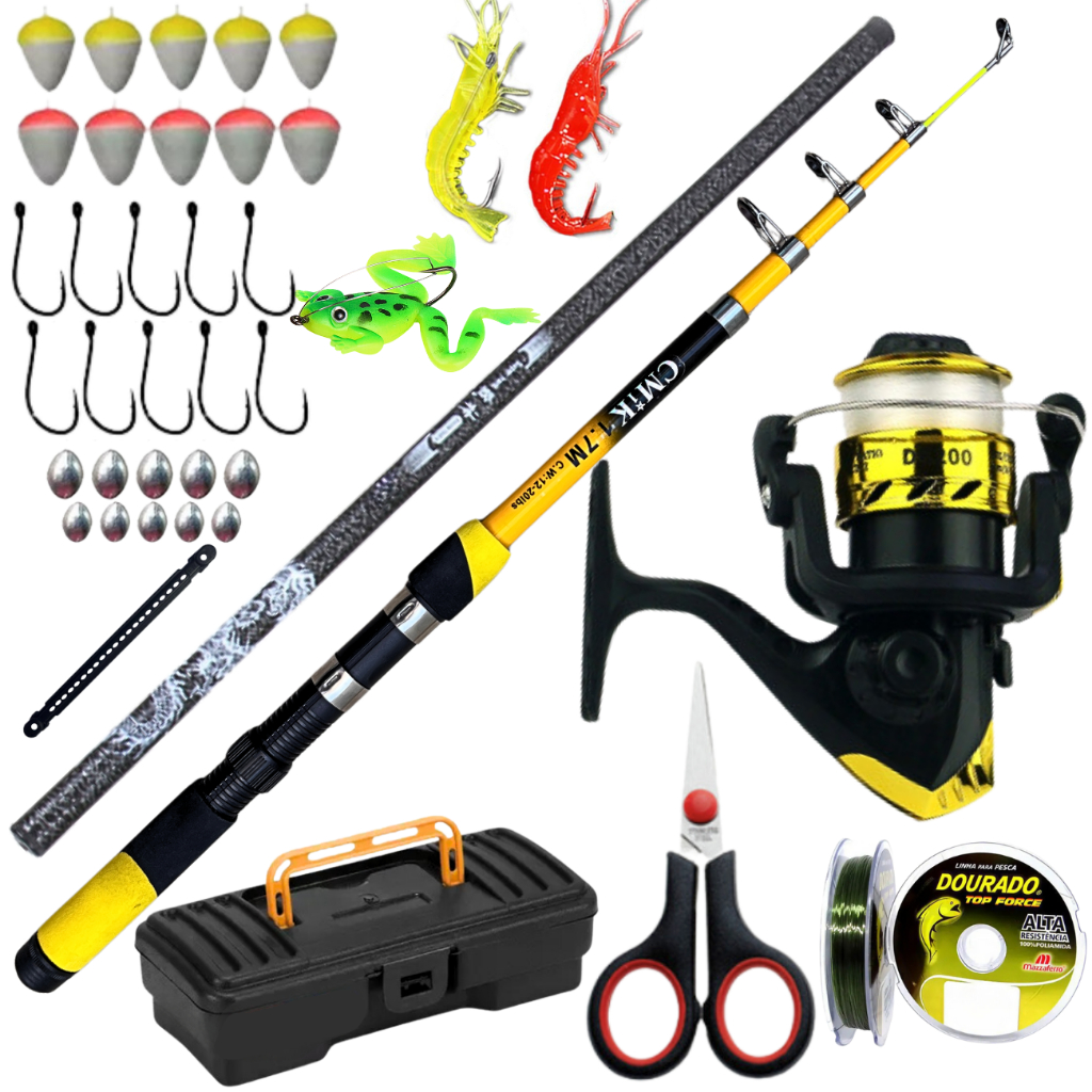 Kit Molinete de Pesca Vara Telescopica Mão 3,60 Caniço Isca Artificial Mar Rio Presente Pai Amigo