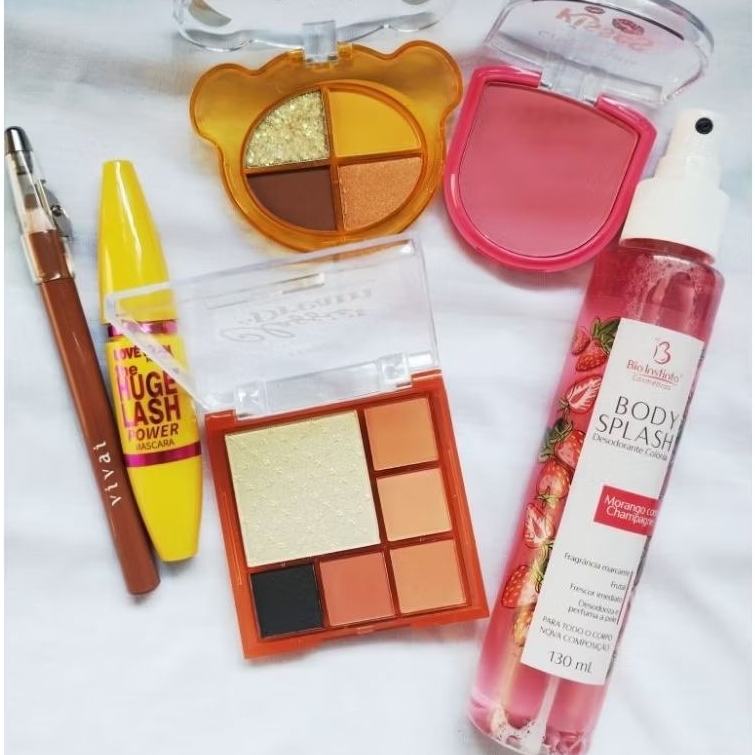 KIT DE MAQUIAGEM COMPLETO 6 PEÇAS por 79,90, 2 paletas de sombras,1 lápis batom,1 rímel prova d'água, blush, body splash