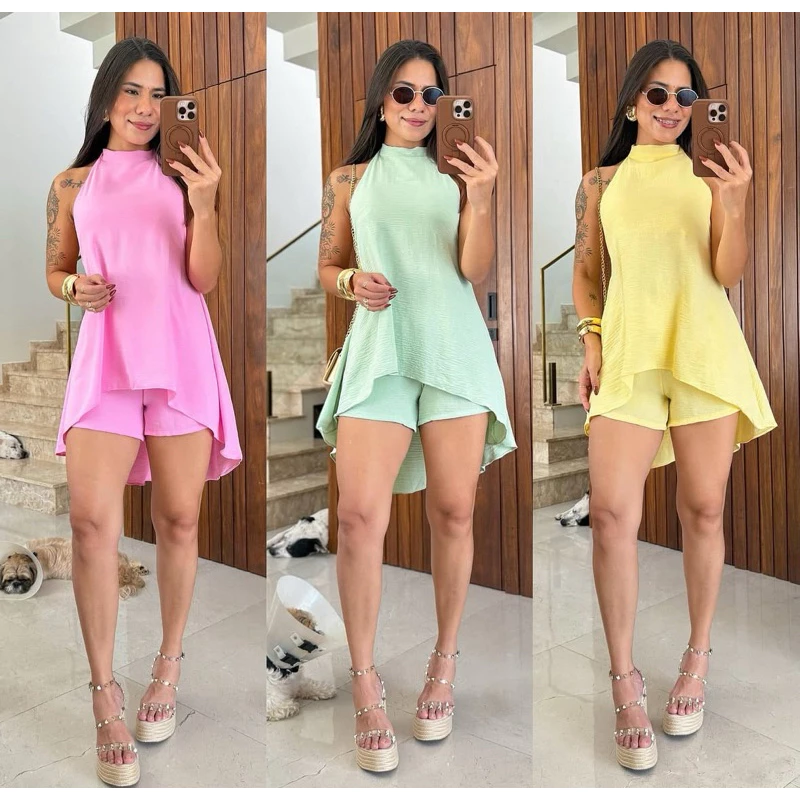 Conjunto Feminino  Duna  Frente Única Estilo Vestido Macaquinho  Soltinho Com Decote nas Costa Tendência — imagem 1