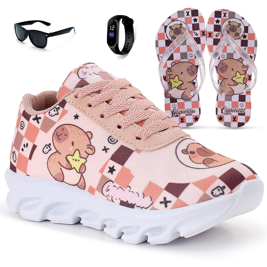 Kit Tênis Infantil Capivara Menina + Chinelo + Relógio + Óculos