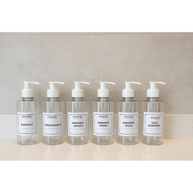 Kit Banheiro 06 Frascos Cristal - PUMP BRANCO - Sh, cond, sab liq, sab int, sab facial e óleo corporal - 250ml