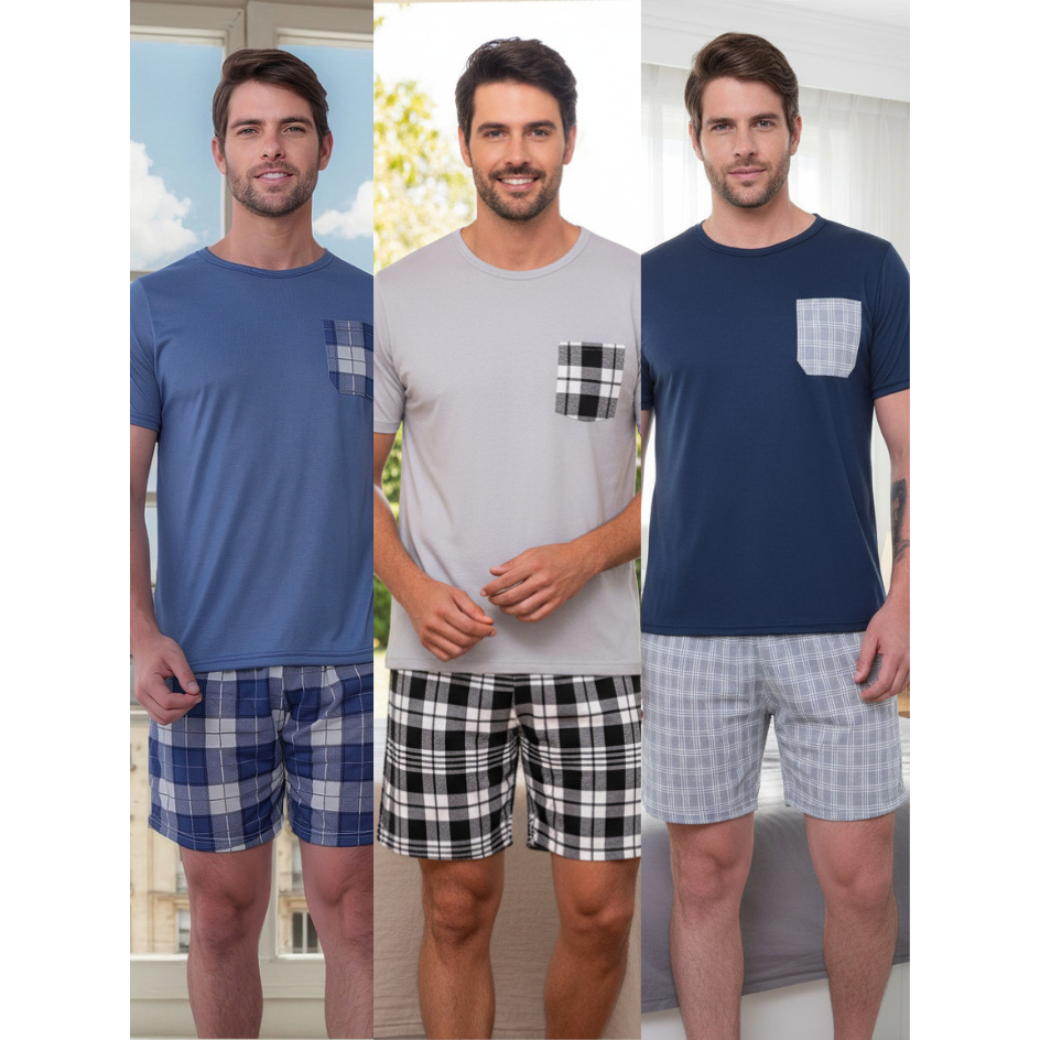 Kit 3 Conjuntos Pijamas Masculino Xadrez Short Curto Verão Original