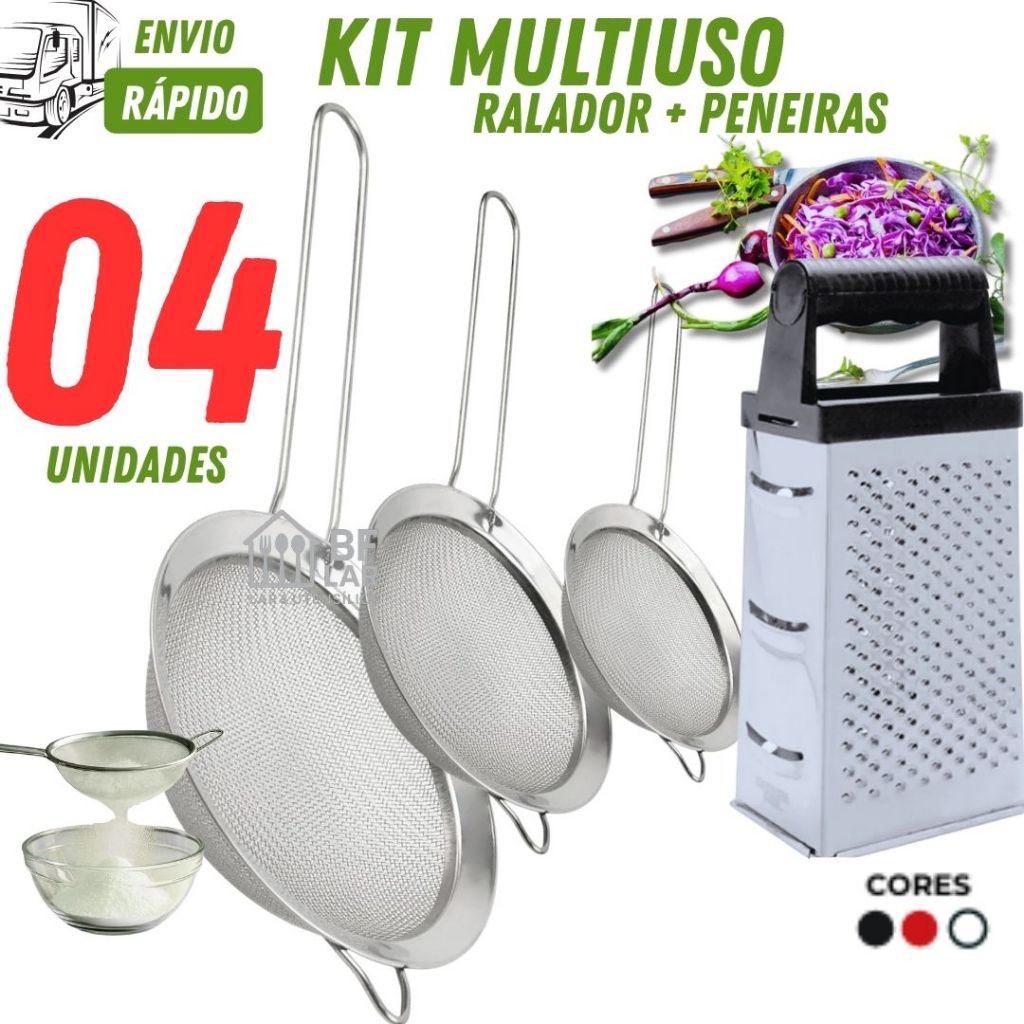 Conjunto com 03 Peneiras e 01 Ralador 4 Faces Linha Premium com 20cm 18cm 14cm Para Cozinha Peneirar