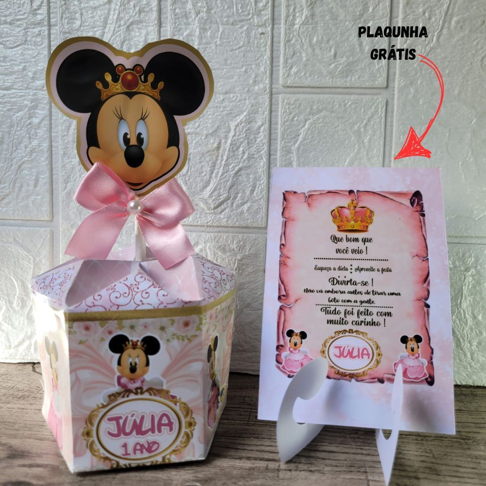 Centro de Mesa Minnie Realeza + Plaquinha Cachepô Personalizado Arranjo/Enfeite /Lembrancinha p/Festa Aniversário