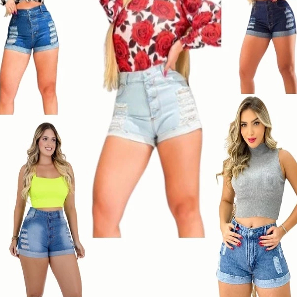 Kit 5 Short Jeans Feminino bermuda destroyed Jeans Feminino Cintura Alta