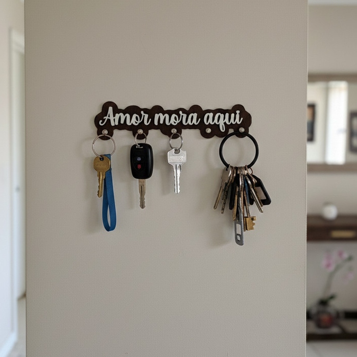 Porta Chaves de Parede em Mdf Preto Decorativo com Ganchos com fita Dupla face sem furo