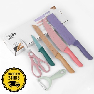 Kit 1/2 Jogos de Facas Gourmet 6 Peças Facas Coloridas com Tesoura e Descascador em Oferta na Shopee