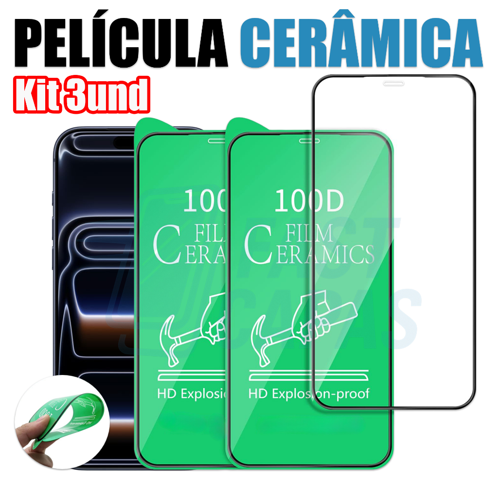 Kit 3 Película Cerâmica 9D 3D iPhone Não Quebra Hidrogel Flexível 13 11 12 14 15 16 17 Air PRO MAX