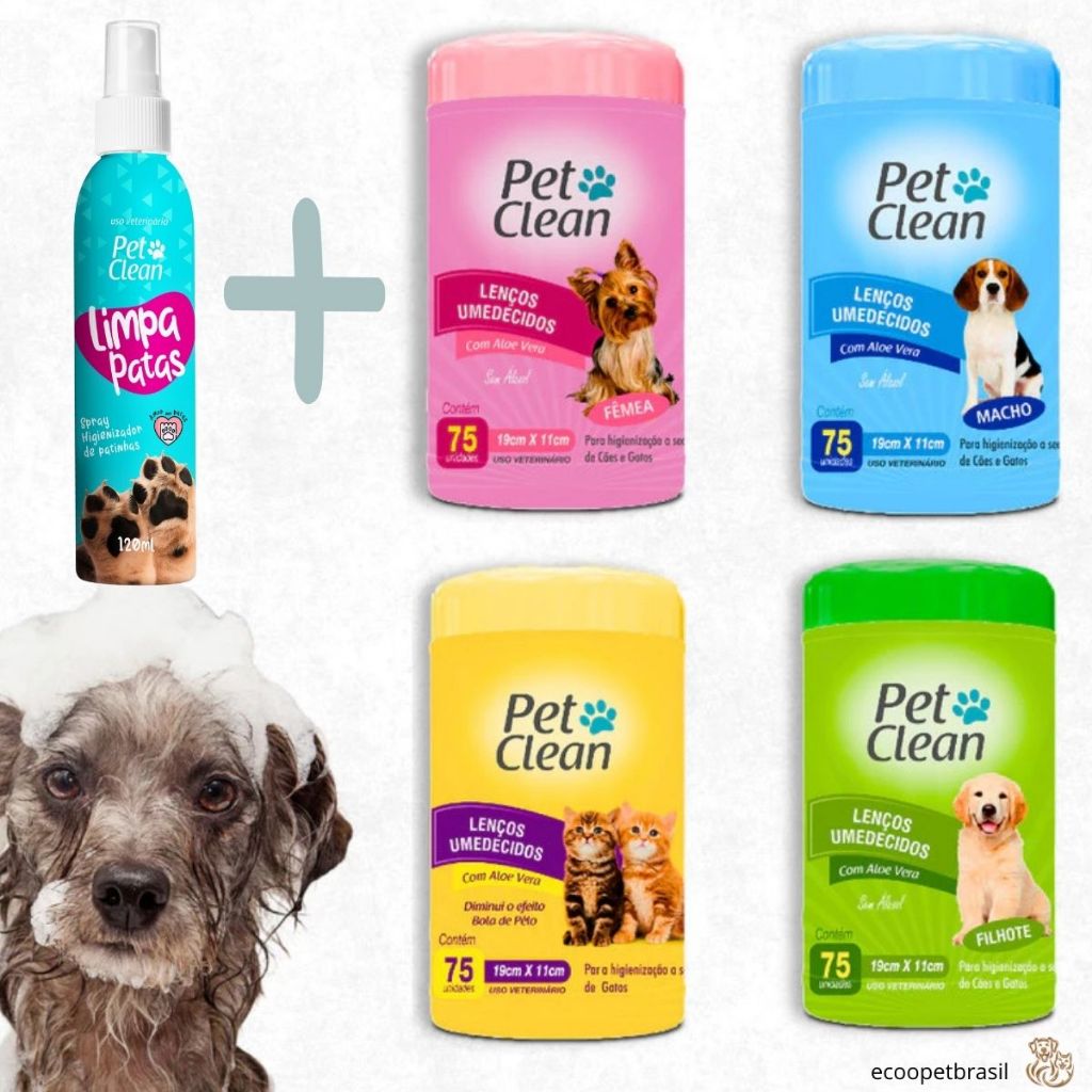 KIT Limpa Patas 120g + Lenço Umedecidos 75 unidades, Limpeza para Cachorro Cães e Gatos Pet Clean
