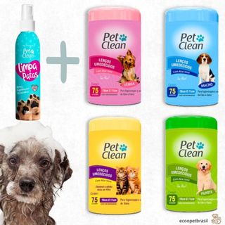 KIT Limpa Patas 120g + Lenço Umedecidos 75 unidades, Limpeza para Cachorro Cães e Gatos Pet Clean