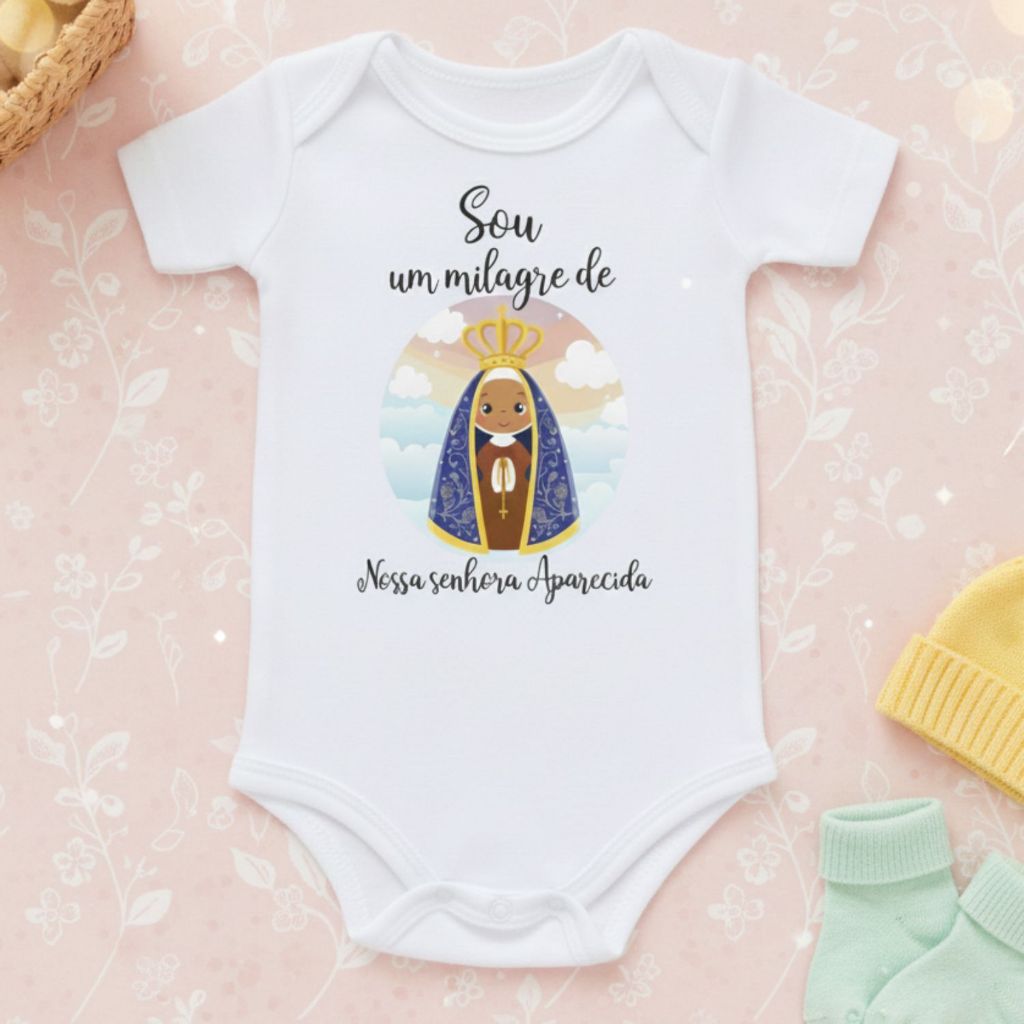 Body de Bebê Roupa Bebê Unissex Enxoval Sou um Milagre de Nossa Senhora Aparecida Poliester